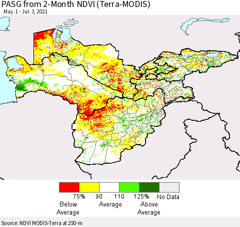 Central Asia PASG from 2-Month NDVI (Terra-MODIS) Thematic Map For 6/26/2021 - 7/3/2021