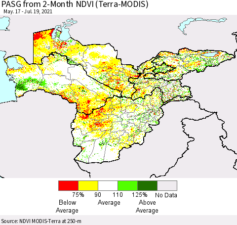 Central Asia PASG from 2-Month NDVI (Terra-MODIS) Thematic Map For 7/12/2021 - 7/19/2021