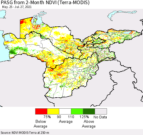 Central Asia PASG from 2-Month NDVI (Terra-MODIS) Thematic Map For 7/20/2021 - 7/27/2021