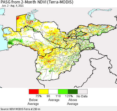 Central Asia PASG from 2-Month NDVI (Terra-MODIS) Thematic Map For 7/28/2021 - 8/4/2021
