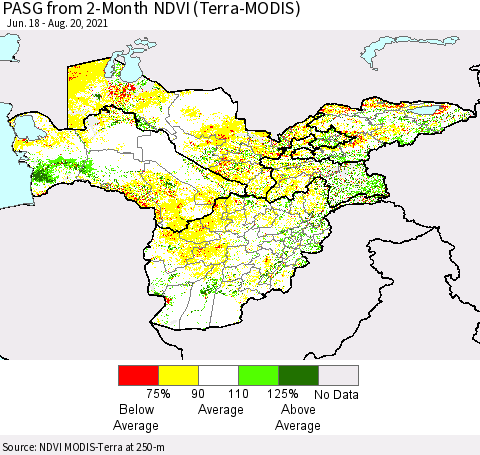 Central Asia PASG from 2-Month NDVI (Terra-MODIS) Thematic Map For 8/13/2021 - 8/20/2021