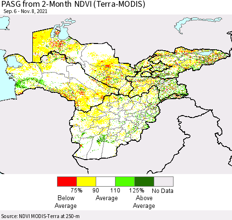 Central Asia PASG from 2-Month NDVI (Terra-MODIS) Thematic Map For 11/1/2021 - 11/8/2021