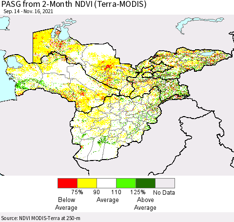Central Asia PASG from 2-Month NDVI (Terra-MODIS) Thematic Map For 11/9/2021 - 11/16/2021