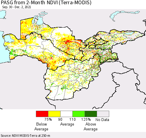 Central Asia PASG from 2-Month NDVI (Terra-MODIS) Thematic Map For 11/25/2021 - 12/2/2021