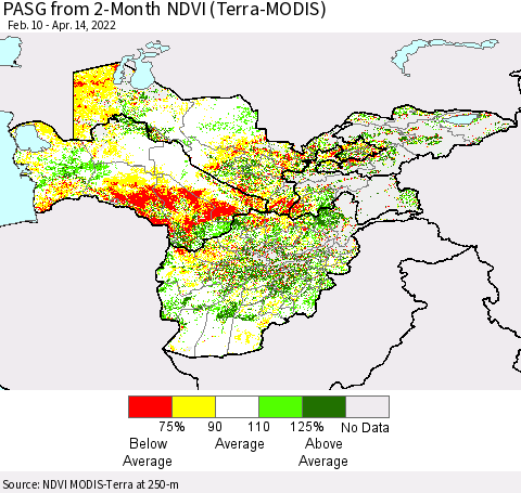 Central Asia PASG from 2-Month NDVI (Terra-MODIS) Thematic Map For 4/7/2022 - 4/14/2022