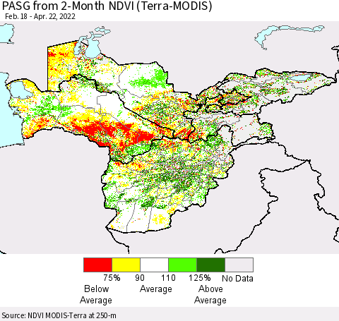 Central Asia PASG from 2-Month NDVI (Terra-MODIS) Thematic Map For 4/15/2022 - 4/22/2022