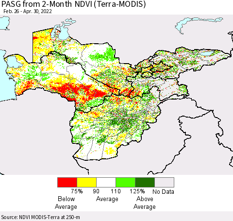 Central Asia PASG from 2-Month NDVI (Terra-MODIS) Thematic Map For 4/23/2022 - 4/30/2022