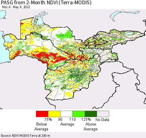 Central Asia PASG from 2-Month NDVI (Terra-MODIS) Thematic Map For 5/1/2022 - 5/8/2022