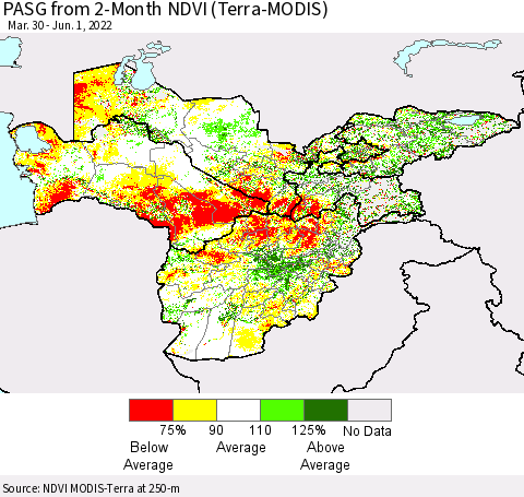 Central Asia PASG from 2-Month NDVI (Terra-MODIS) Thematic Map For 5/25/2022 - 6/1/2022