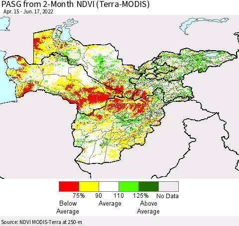 Central Asia PASG from 2-Month NDVI (Terra-MODIS) Thematic Map For 6/10/2022 - 6/17/2022