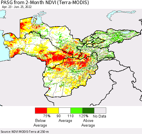 Central Asia PASG from 2-Month NDVI (Terra-MODIS) Thematic Map For 6/18/2022 - 6/25/2022
