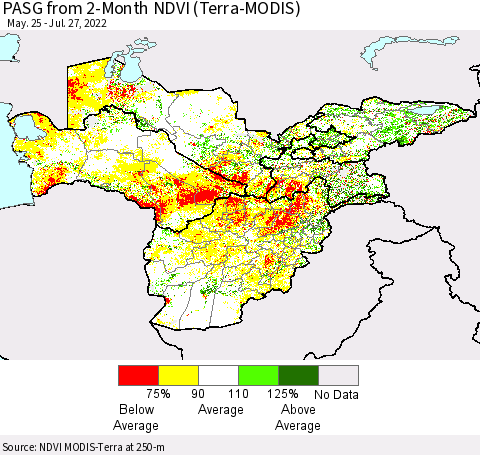 Central Asia PASG from 2-Month NDVI (Terra-MODIS) Thematic Map For 7/20/2022 - 7/27/2022