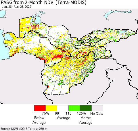 Central Asia PASG from 2-Month NDVI (Terra-MODIS) Thematic Map For 8/21/2022 - 8/28/2022