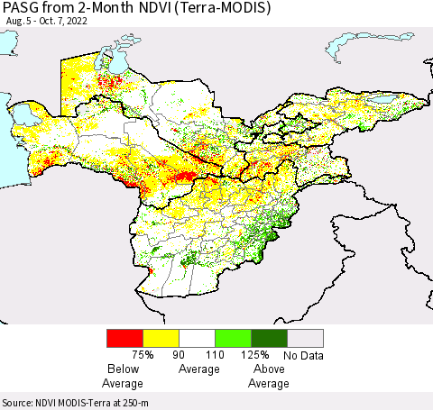 Central Asia PASG from 2-Month NDVI (Terra-MODIS) Thematic Map For 9/30/2022 - 10/7/2022