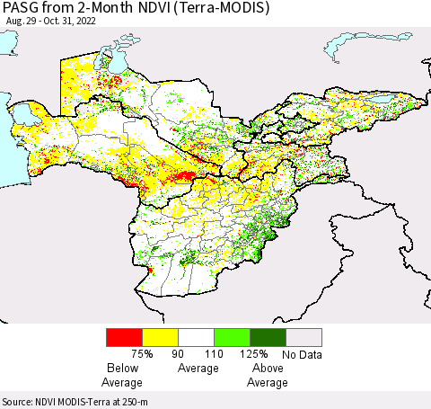 Central Asia PASG from 2-Month NDVI (Terra-MODIS) Thematic Map For 10/24/2022 - 10/31/2022