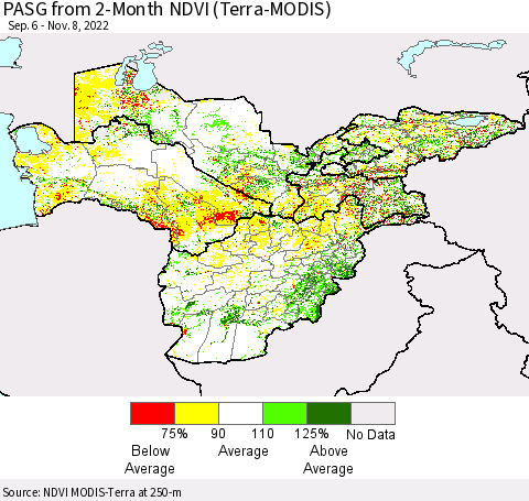 Central Asia PASG from 2-Month NDVI (Terra-MODIS) Thematic Map For 11/1/2022 - 11/8/2022