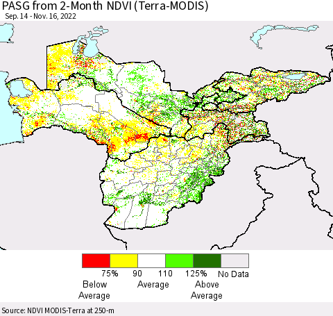 Central Asia PASG from 2-Month NDVI (Terra-MODIS) Thematic Map For 11/9/2022 - 11/16/2022