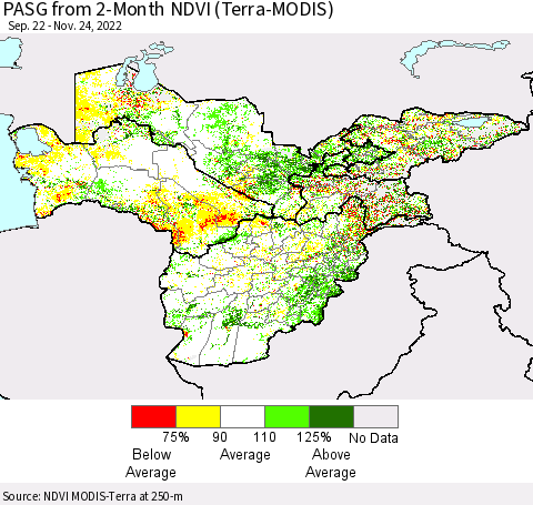 Central Asia PASG from 2-Month NDVI (Terra-MODIS) Thematic Map For 11/17/2022 - 11/24/2022