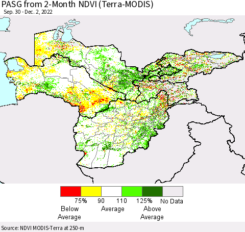 Central Asia PASG from 2-Month NDVI (Terra-MODIS) Thematic Map For 11/25/2022 - 12/2/2022