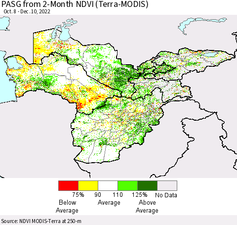 Central Asia PASG from 2-Month NDVI (Terra-MODIS) Thematic Map For 12/3/2022 - 12/10/2022