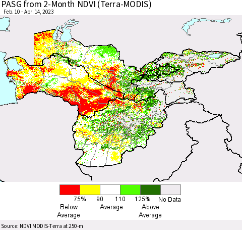 Central Asia PASG from 2-Month NDVI (Terra-MODIS) Thematic Map For 4/7/2023 - 4/14/2023