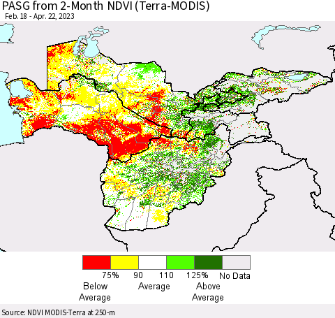 Central Asia PASG from 2-Month NDVI (Terra-MODIS) Thematic Map For 4/15/2023 - 4/22/2023