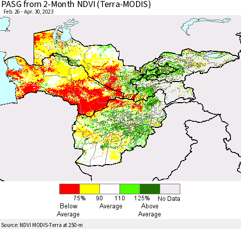 Central Asia PASG from 2-Month NDVI (Terra-MODIS) Thematic Map For 4/23/2023 - 4/30/2023