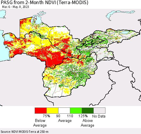 Central Asia PASG from 2-Month NDVI (Terra-MODIS) Thematic Map For 5/1/2023 - 5/8/2023
