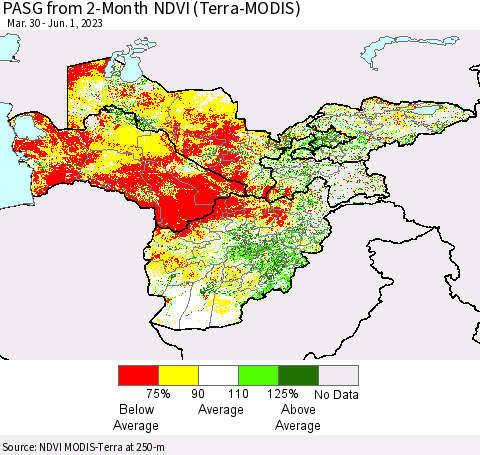 Central Asia PASG from 2-Month NDVI (Terra-MODIS) Thematic Map For 5/25/2023 - 6/1/2023