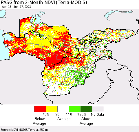 Central Asia PASG from 2-Month NDVI (Terra-MODIS) Thematic Map For 6/10/2023 - 6/17/2023