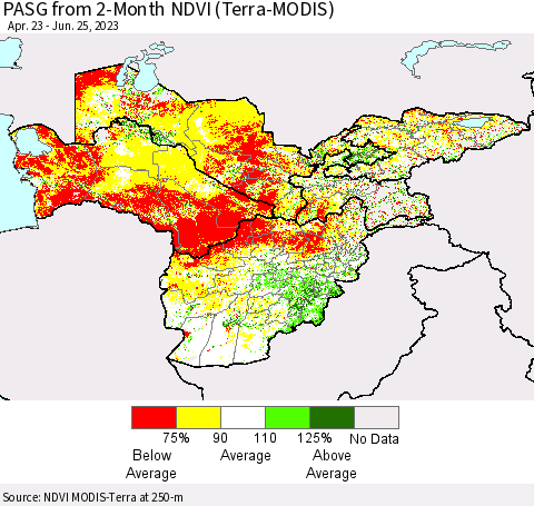 Central Asia PASG from 2-Month NDVI (Terra-MODIS) Thematic Map For 6/18/2023 - 6/25/2023
