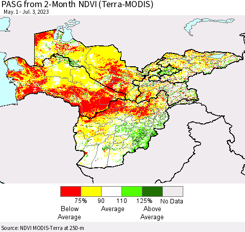 Central Asia PASG from 2-Month NDVI (Terra-MODIS) Thematic Map For 6/26/2023 - 7/3/2023