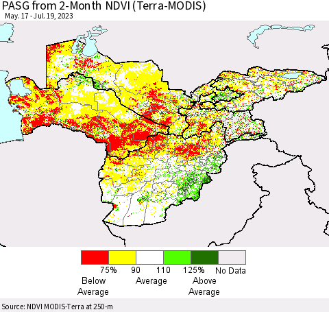 Central Asia PASG from 2-Month NDVI (Terra-MODIS) Thematic Map For 7/12/2023 - 7/19/2023