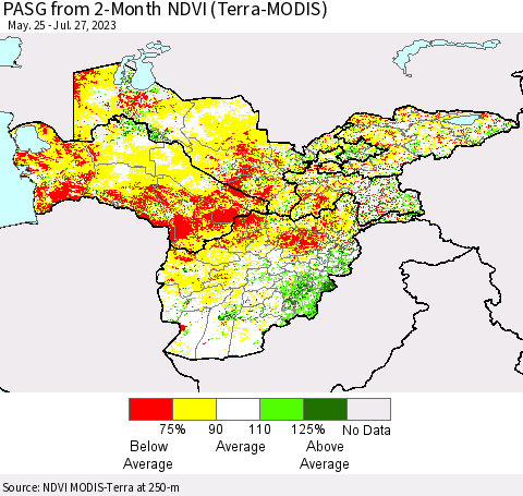 Central Asia PASG from 2-Month NDVI (Terra-MODIS) Thematic Map For 7/20/2023 - 7/27/2023