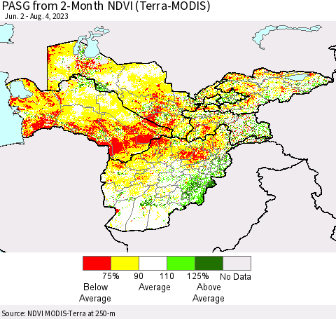 Central Asia PASG from 2-Month NDVI (Terra-MODIS) Thematic Map For 7/28/2023 - 8/4/2023
