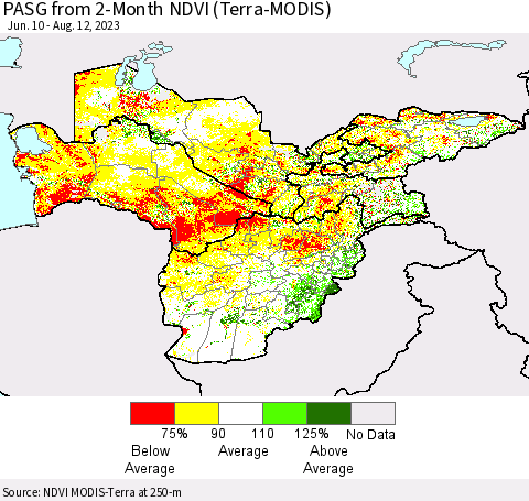 Central Asia PASG from 2-Month NDVI (Terra-MODIS) Thematic Map For 8/5/2023 - 8/12/2023