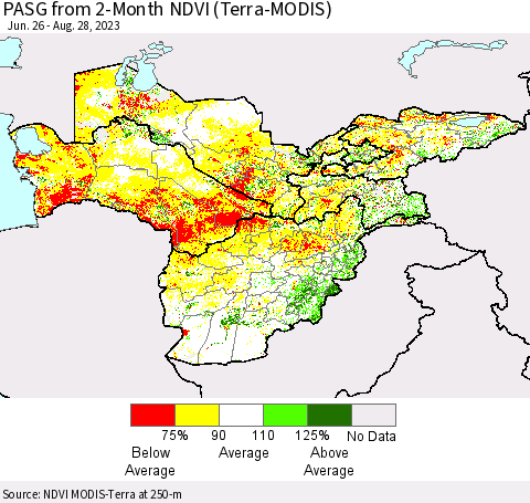 Central Asia PASG from 2-Month NDVI (Terra-MODIS) Thematic Map For 8/21/2023 - 8/28/2023