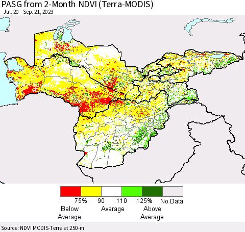 Central Asia PASG from 2-Month NDVI (Terra-MODIS) Thematic Map For 9/14/2023 - 9/21/2023