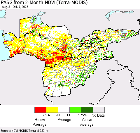 Central Asia PASG from 2-Month NDVI (Terra-MODIS) Thematic Map For 9/30/2023 - 10/7/2023
