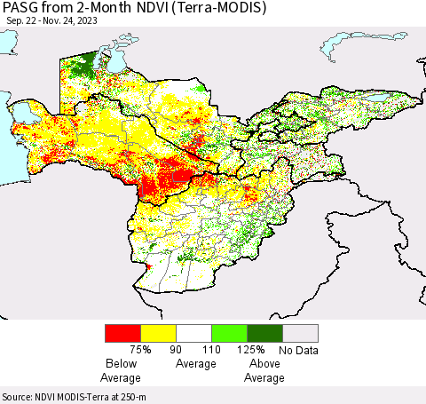 Central Asia PASG from 2-Month NDVI (Terra-MODIS) Thematic Map For 11/17/2023 - 11/24/2023