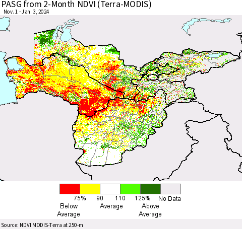 Central Asia PASG from 2-Month NDVI (Terra-MODIS) Thematic Map For 12/27/2023 - 1/3/2024