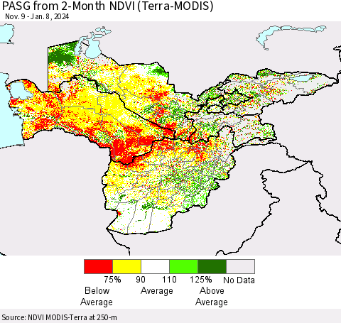 Central Asia PASG from 2-Month NDVI (Terra-MODIS) Thematic Map For 1/1/2024 - 1/8/2024