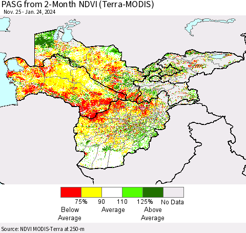 Central Asia PASG from 2-Month NDVI (Terra-MODIS) Thematic Map For 1/17/2024 - 1/24/2024