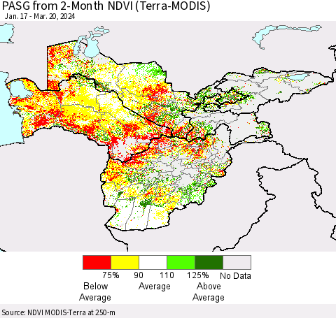 Central Asia PASG from 2-Month NDVI (Terra-MODIS) Thematic Map For 3/13/2024 - 3/20/2024