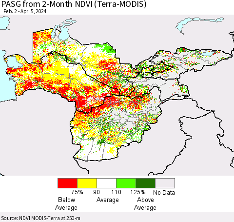 Central Asia PASG from 2-Month NDVI (Terra-MODIS) Thematic Map For 3/29/2024 - 4/5/2024