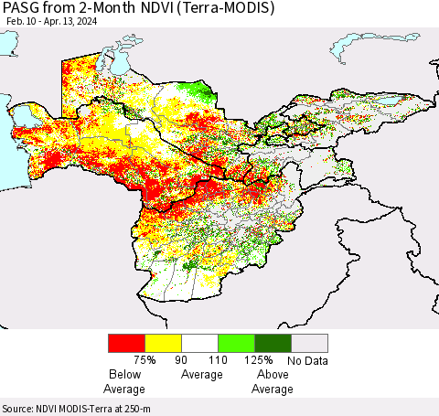 Central Asia PASG from 2-Month NDVI (Terra-MODIS) Thematic Map For 4/6/2024 - 4/13/2024