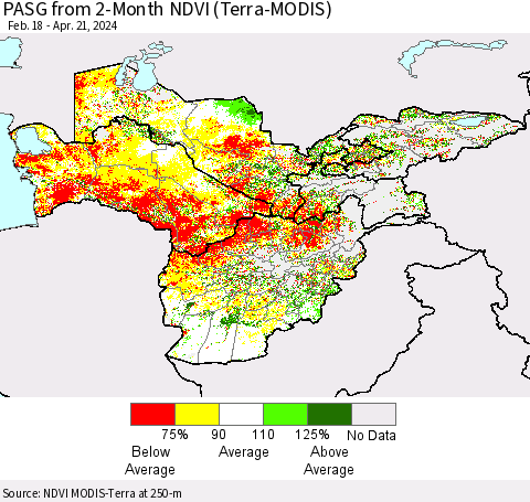 Central Asia PASG from 2-Month NDVI (Terra-MODIS) Thematic Map For 4/14/2024 - 4/21/2024