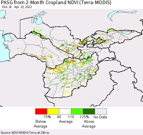 Central Asia PASG from 2-Month Cropland NDVI (Terra-MODIS) Thematic Map For 4/15/2022 - 4/22/2022
