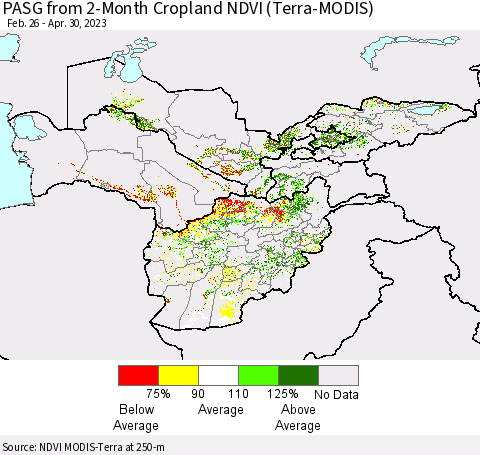 Central Asia PASG from 2-Month Cropland NDVI (Terra-MODIS) Thematic Map For 4/23/2023 - 4/30/2023