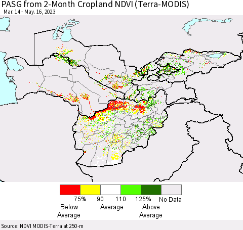 Central Asia PASG from 2-Month Cropland NDVI (Terra-MODIS) Thematic Map For 5/9/2023 - 5/16/2023